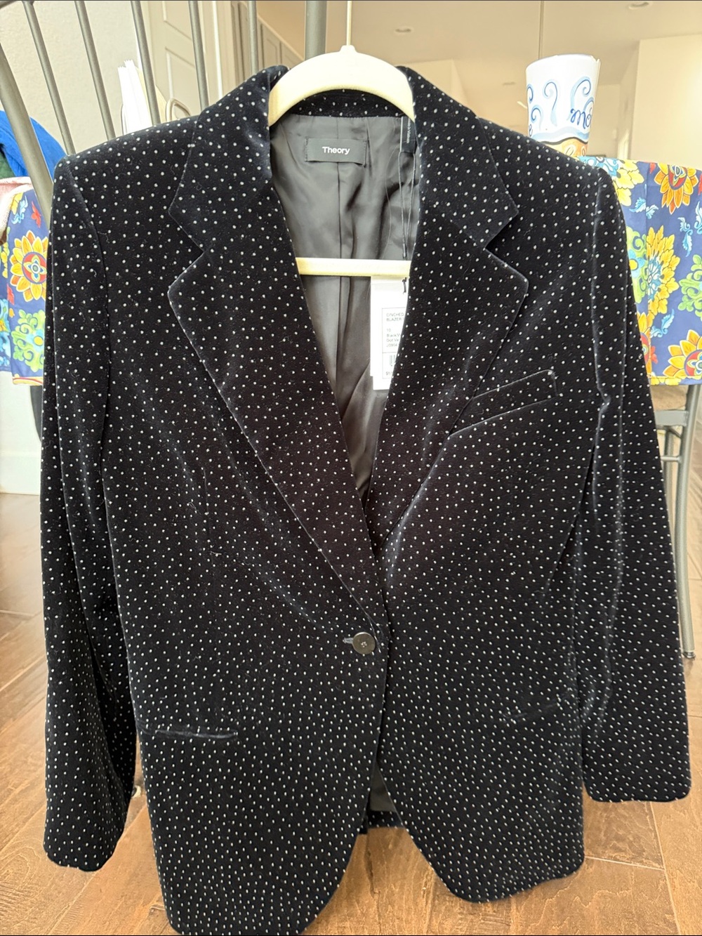 Theory Black Velvet Blazer with Tonal Dot Texture